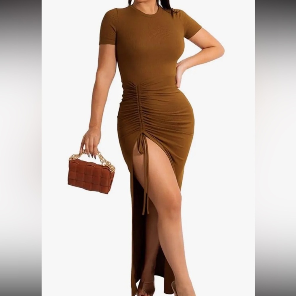 Elegant Brown Ruched Dress